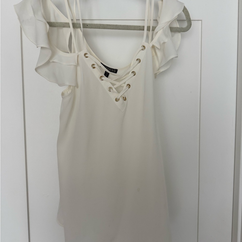 Express Cream Lace-Up Ruffle Sleeve Tank Top